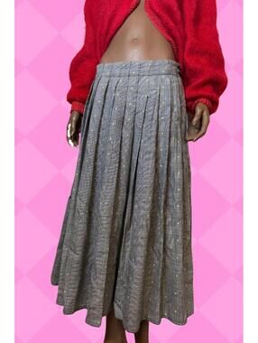 Vintage Simon Chang Pleated Grey Plaid Midi Skirt with yellow Dot Accents M-L